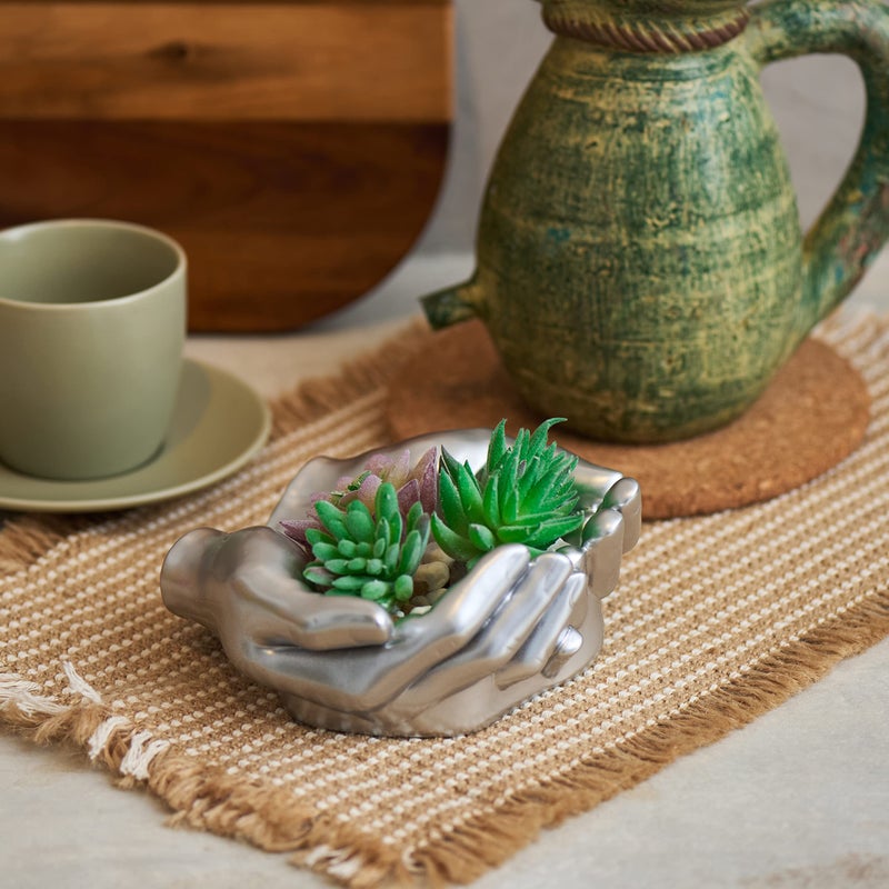 Tapeera Hand Shaped Succulent Planter Pot - Crystal Holder Display - Air Plant Holder Hand Planter - Giving Hands Sculpture Decor - Key Bowl Ring Dish Trinket Dish Candy Dish - Candle Holder (Silver) - Image 3